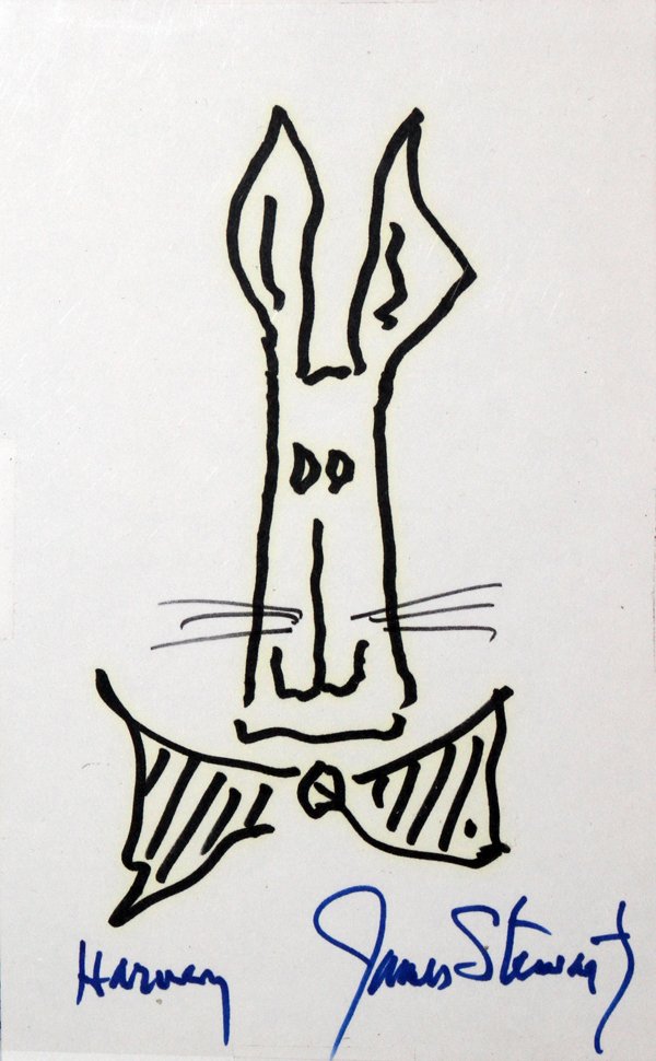 JAMES STEWART AND 'HARVEY' SIGNATURES & SKETCH: JAMES STEWART AND 'HARVEY' SIGNATURES AND SKETCH, H 8", W 5":having a sketch of the movie character 'Harvey' in black sharpie and signed 'James Stewart' and 'Harvey' both in blue sharpie.