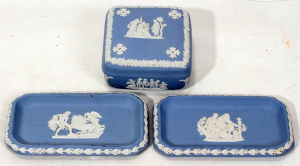 WEDGWOOD BLUE JASPERWARE BOX & TRAYS, 3 PCS,: WEDGWOOD BLUE JASPERWARE BOX & TRAYS, THREE PIECES, L 4" & 6":Including 2 rectangular trays, H 3 1/4", L 6 1/4" and 1 box, 4" square.