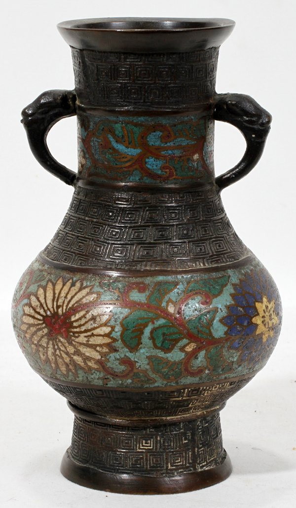 CHINESE CHAMPLEVÉ & BRONZE DOUBLE-HANDLED VASE: CHINESE CHAMPLEVÉ AND BRONZE DOUBLE-HANDLED VASE, H 7":Enameled floral champlevé band and figural handle.