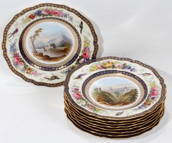 SPODE PORCELAIN SCENIC PLATES, SET OF NINE,: SPODE PORCELAIN SCENIC PLATES, SET OF NINE, DIA 9 1/4":Signed H. Hammersley. Border of Eustephanus hummingbirds and garden flowers. "Franciscea Latifolia" is a botanical term. "Lake of Lourez" [lake i