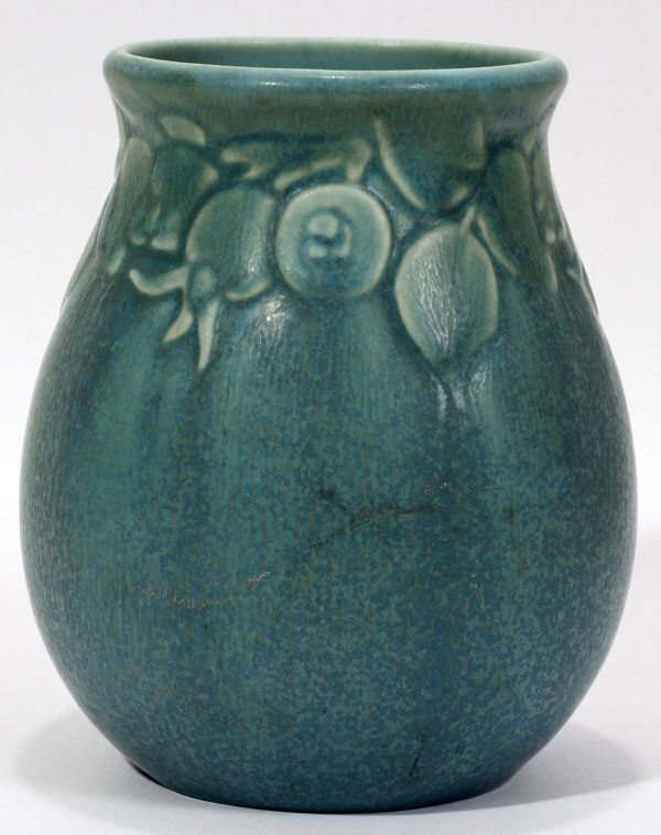 ROOKWOOD POTTERY VASE, 1936, H 4 1/2": ROOKWOOD POTTERY VASE, 1936, H 4 1/2":Blue matte glaze with band of rose hips at the top. Impressed mark at the underside along with "XXXVI 2122".