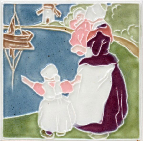 ROOKWOOD POTTERY TRIVET, DUTCH MOTHER & CHILD: ROOKWOOD POTTERY TRIVET, DUTCH MOTHER & CHILDREN (#3203), 1930, 5 1/2" X 5 1/2":Dutch scene with mother holding her infant, a small girl at her skirt. Impressed Rookwood logo, shape number 3203, and R