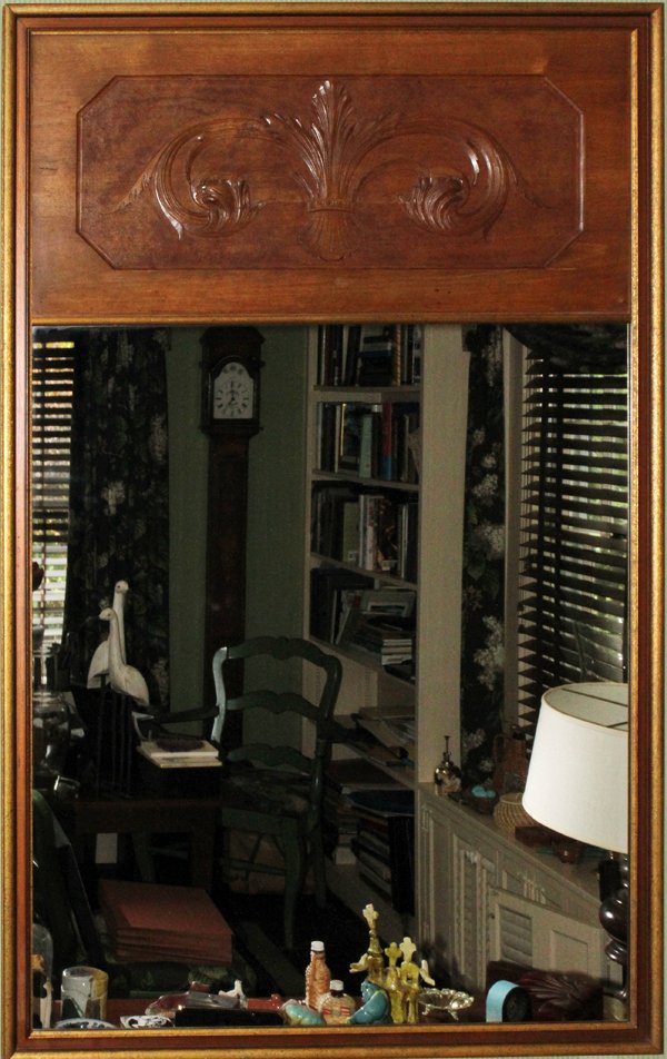 WALNUT CARVED TRUMEAU MIRROR, 52" X 33": WALNUT CARVED TRUMEAU MIRROR, 52" X 33":Carved upper panel. Ex. Louis Sappington. From the collection of Oliver T. Weidokal, Birmingham, Mich.
