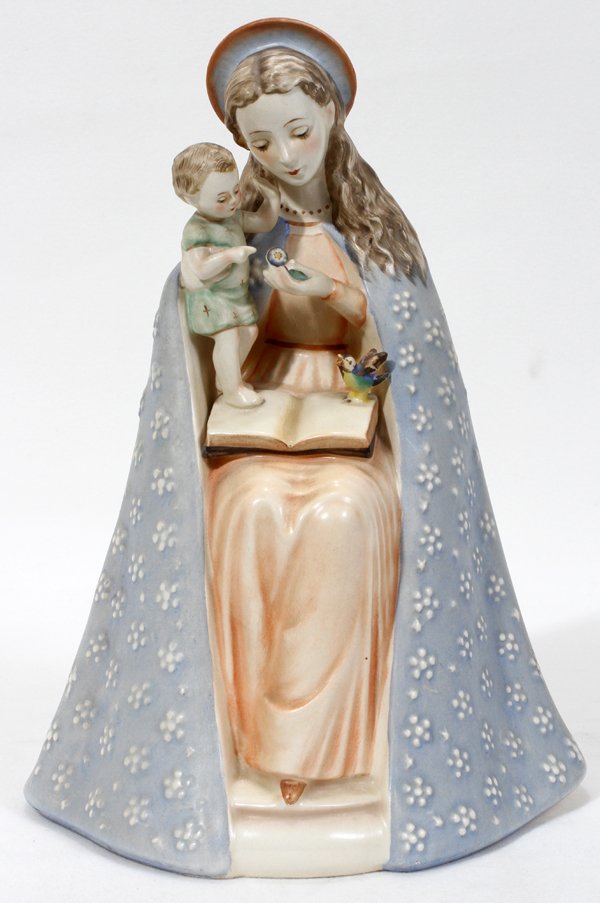 HUMMEL BISQUE FIGURE, 'FLOWER MADONNA', #10/1: HUMMEL BISQUE FIGURE, 'FLOWER MADONNA', #10/1, C. 1940-1959, H 9 1/2":Number 10/1, Full Bee mark, stamped "Germany" in black.