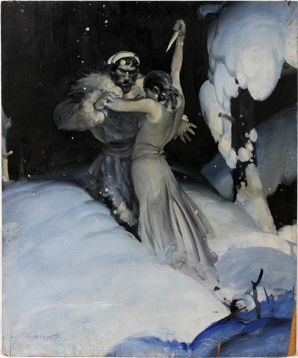 JOHN FORD CLYMER, OIL ON PLYWOOD, 36" X 30": JOHN FORD CLYMER, [AMERICAN 1907-1989], OIL ON PLYWOOD, 36" X 30":Female with knife struggling with man in snowscape. Signed lower left.