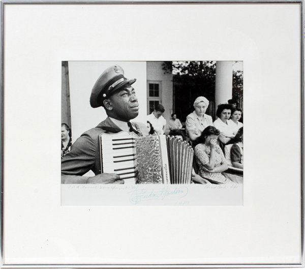 EDWARD CLARK PHOTOGRAPH, SIGNED BY ARTIST &: EDWARD CLARK (AMERICAN, 1912-2000), PHOTOGRAPH, SIGNED BY ARTIST & SUBJECT, 8" X 12", MOURNING FDR:At the lower margin is "FDR Funeral Warm Springs, GA '44" along with the subject's signature, Graham