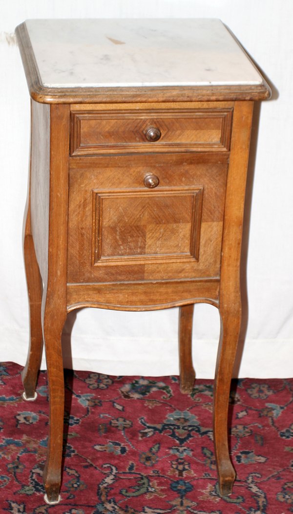 WALNUT HUMIDOR, MARBLE TOP, C. 1870, H 33",: WALNUT HUMIDOR, MARBLE TOP, C. 1870, H 33", W 15", D 15", VIENNESE:Marble top side table with one drawer and lower cabinet. Cabinet is lined in tin to have been used as a humidor.