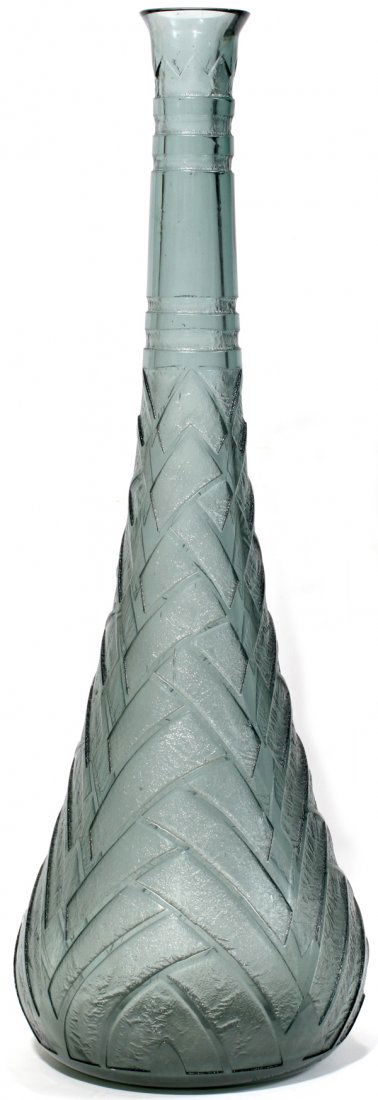 DAUM NANCY SCULPTED & ETCHED CRYSTAL TALL VASE: DAUM NANCY ART DECO SCULPTED & ETCHED CRYSTAL TALL VASE, C. 1930, H 22 1/4":Having chevron shape etched geometric panels; engraved mark, "Daum Nancy France" with the Cross of Lorraine on the bottom of