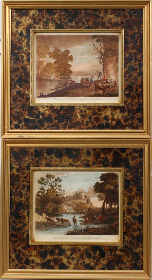 AFTER CLAUDE LORRAIN ETCHINGS, TWO, 8" X 10": AFTER CLAUDE LORRAIN (BRITISH, 1600-1682), ETCHINGS, TWO, 8" X 10":Both by R. Earlom and "From the Original Drawing in the Collection of Duke of Devonshire" and with labels from Paul B. Victorius, Cha