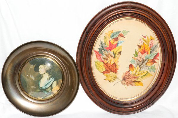 ARTWORK, 2 PCS, REPRODUCTION PORTRAIT PRINT &: ARTWORK, 2 PIECES, REPRODUCTION PORTRAIT PRINT & UNSIGNED FALL LEAF WATERCOLOR, 13" X 11" & 10" DIA:Framed.