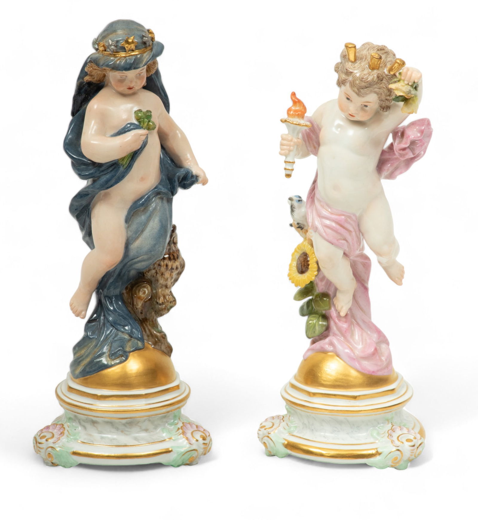 Meissen (German) Painted Porcelain Statuettes, Allegories of Day And Night, Ca. 1880, H 7" W 3" (1 of 6)