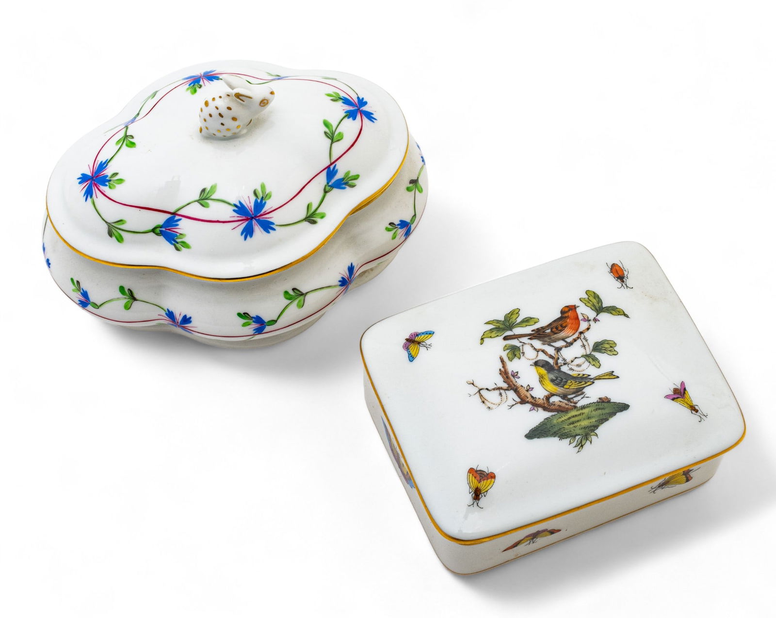 Herend Porcelain (Hungarian) 'Rothschild Bird' & 'Blue Garland' Porcelain Boxes, H 4" W 3.5" L 5" 2 (1 of 5)