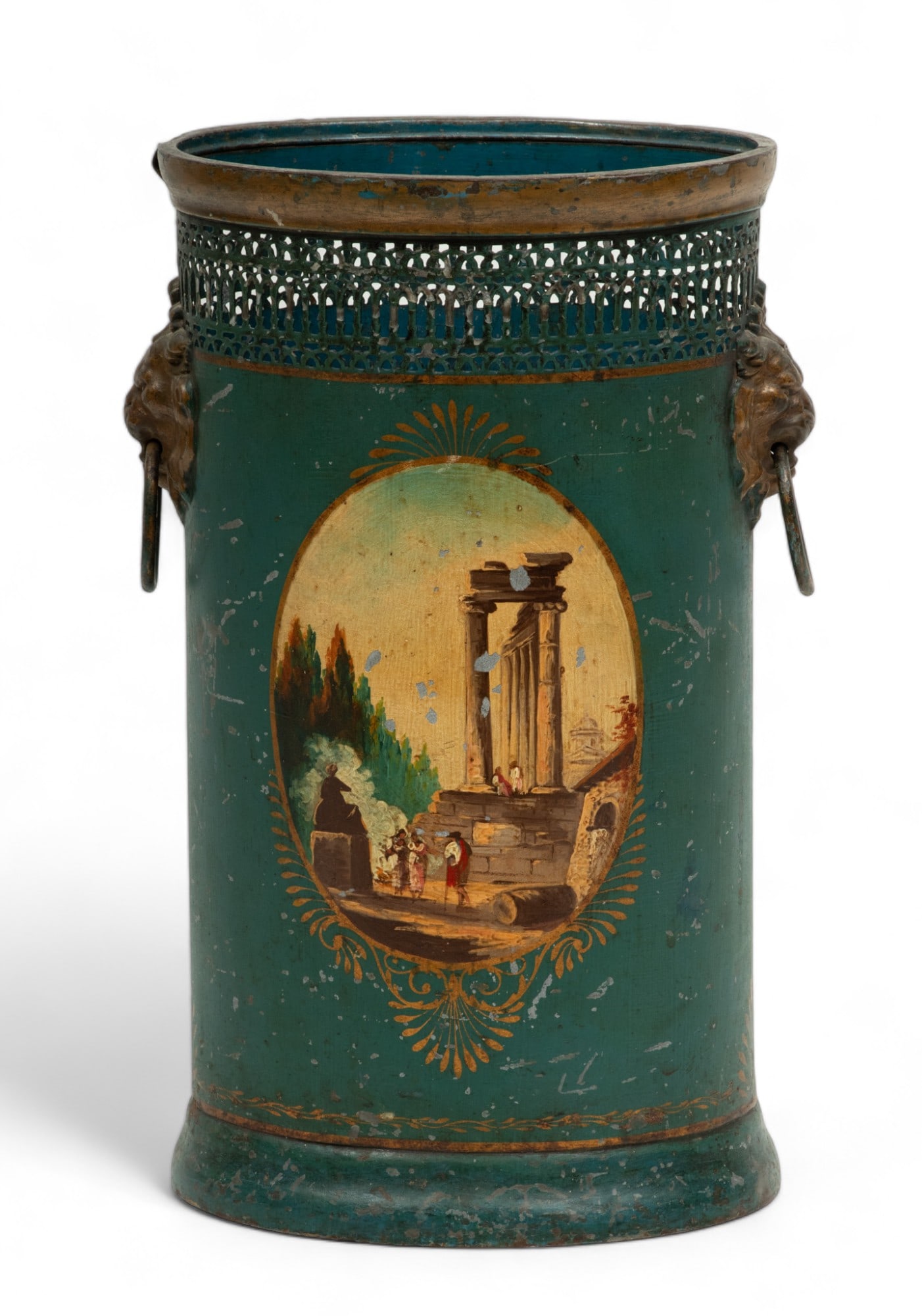 French Hand Painted Tole Waste Basket, 19th C., H 16" W 10" (1 of 5)