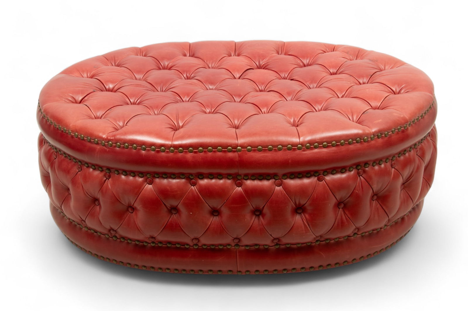 Contemporary Tufted Red Leather Ottoman, Ca. 2000, H 19" W 35" L 52" (1 of 2)