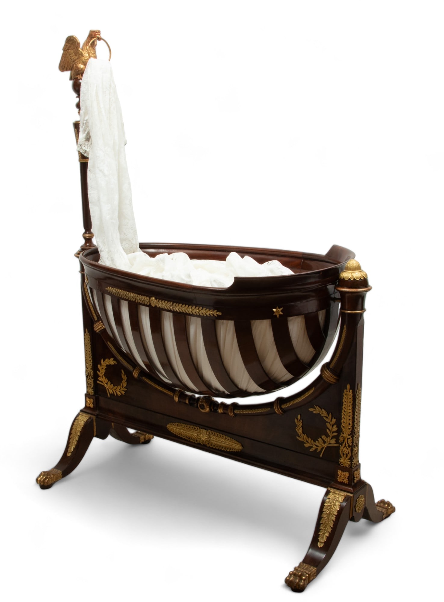 French Empire Style Mahogany And Ormolu Mounted Crib & Bedding, 19th C., H 75" W 28" L 56" (1 of 11)