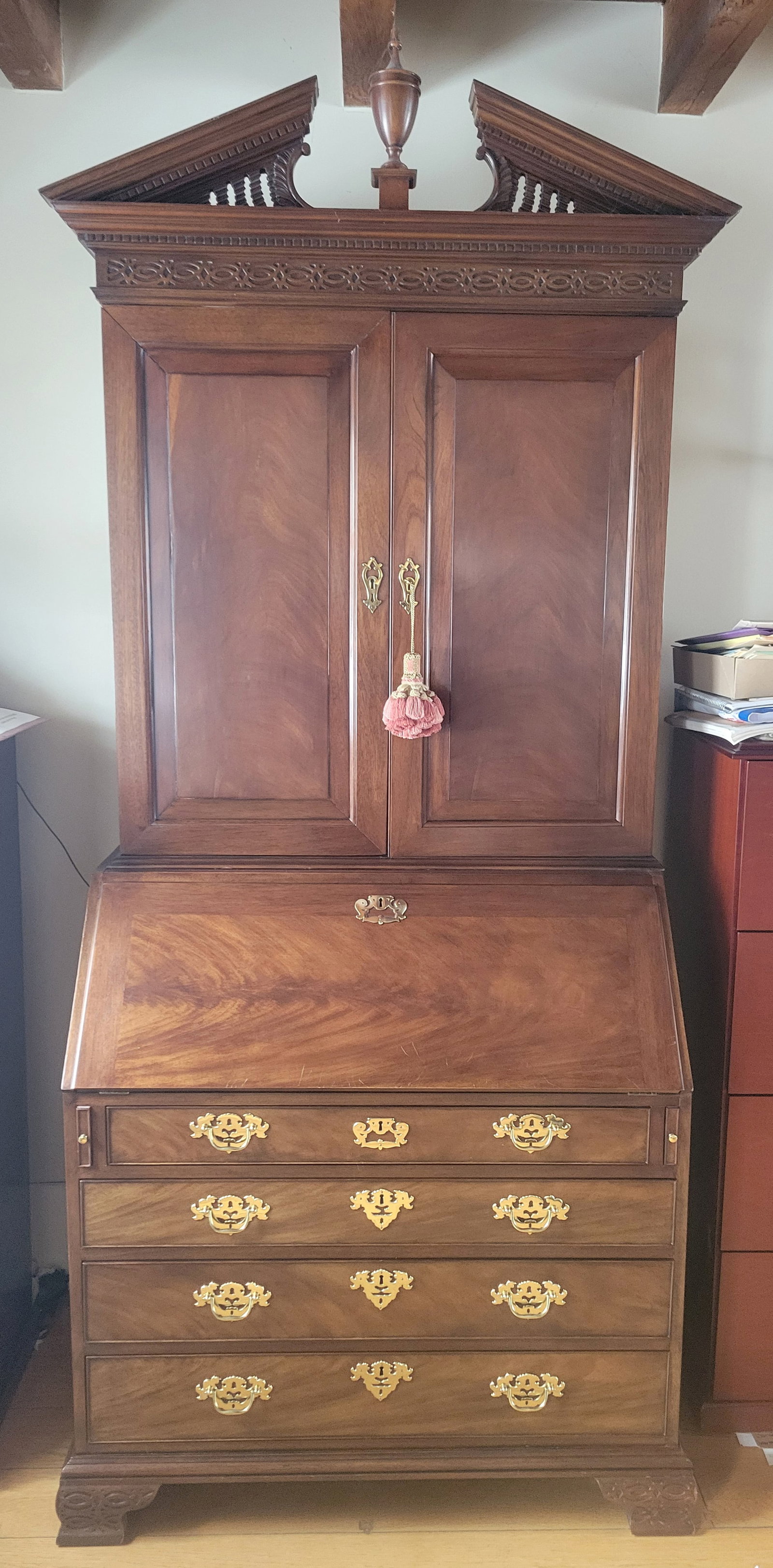 Baker Furniture Co. (American, (Allegan, MI Est.1890)) Charleston Collection Mahogany Secretary 29th: Baker Furniture Co. (American, (Allegan, MI Est.1890)) Charleston Collection Mahogany Secretary 29th C., H 96" W 40" Depth 24" | Four long doors with brass escutcheons. Drop front opens to reveal draw