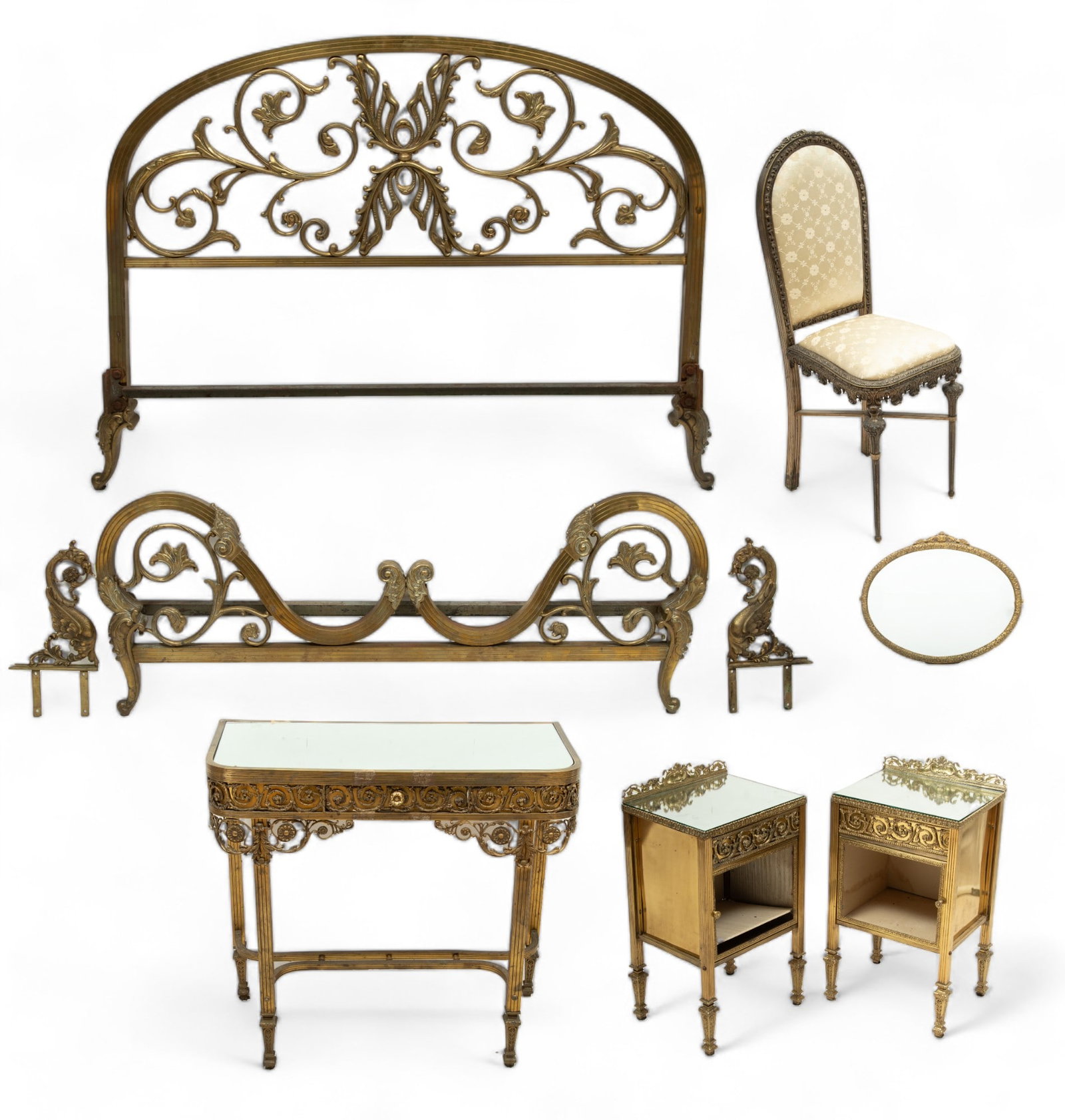 French Brass Bedroom Set: Chair, Mirror, Vanity, Night Stands, Bed with Headboard & Footboard, Ca. (1 of 19)