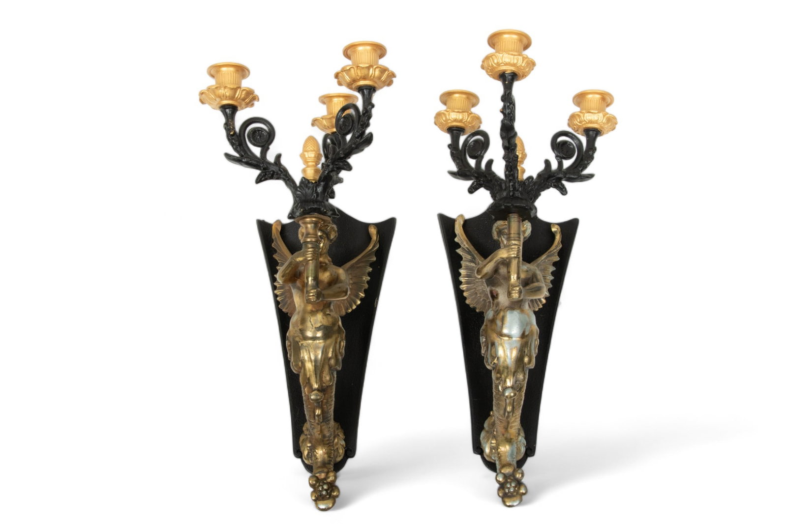 Gilt Metal 3-light Mermaid Form Sconces, Ca. 1960, H 16" W 7" (1 of 3)