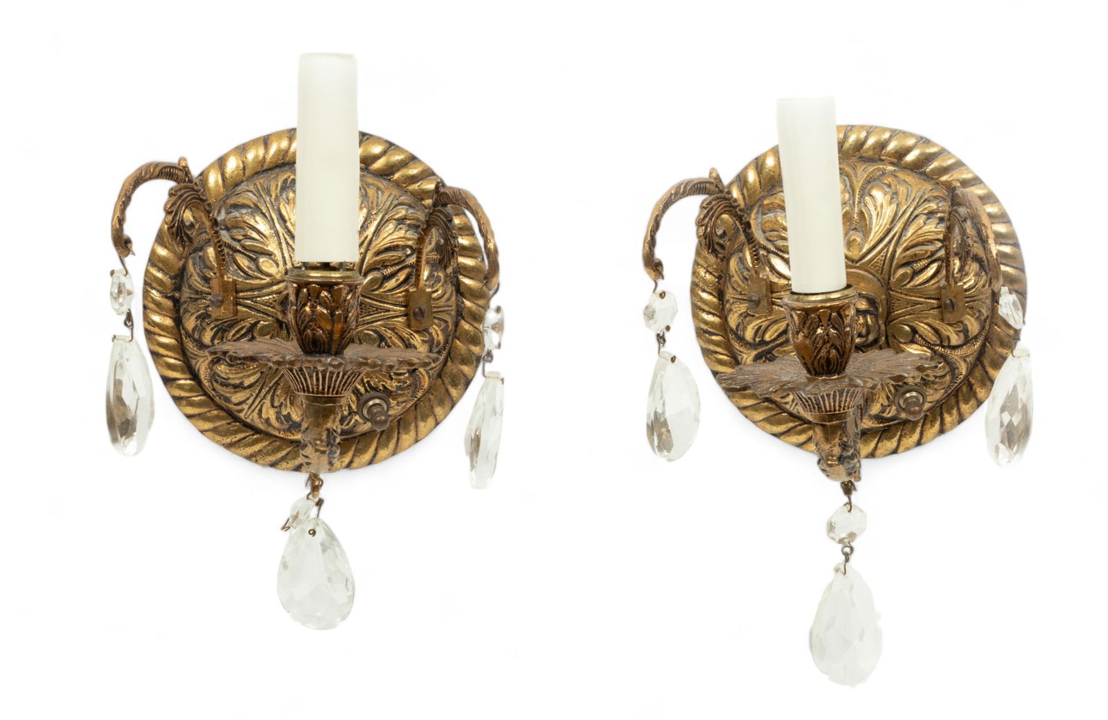 French Style Brass with Crystal Prisms, Sconces Ca. 1960, H 7" Depth 7.5" Dia. 5" 1 Pair (1 of 5)