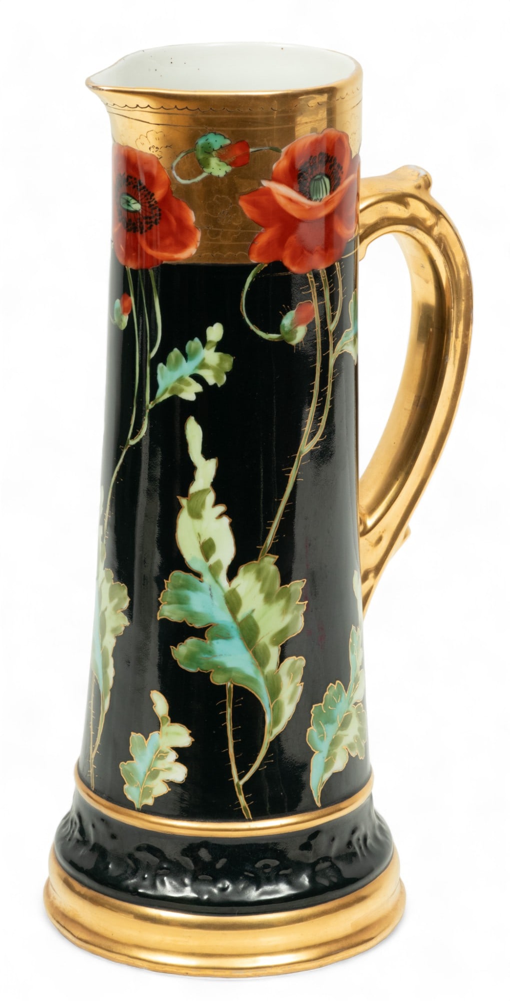 T&V Limoges (French) Painted Porcelain Water Pitcher, Poppy Motif, Ca. 1900, H 14.5" W 6" L 8" (1 of 5)