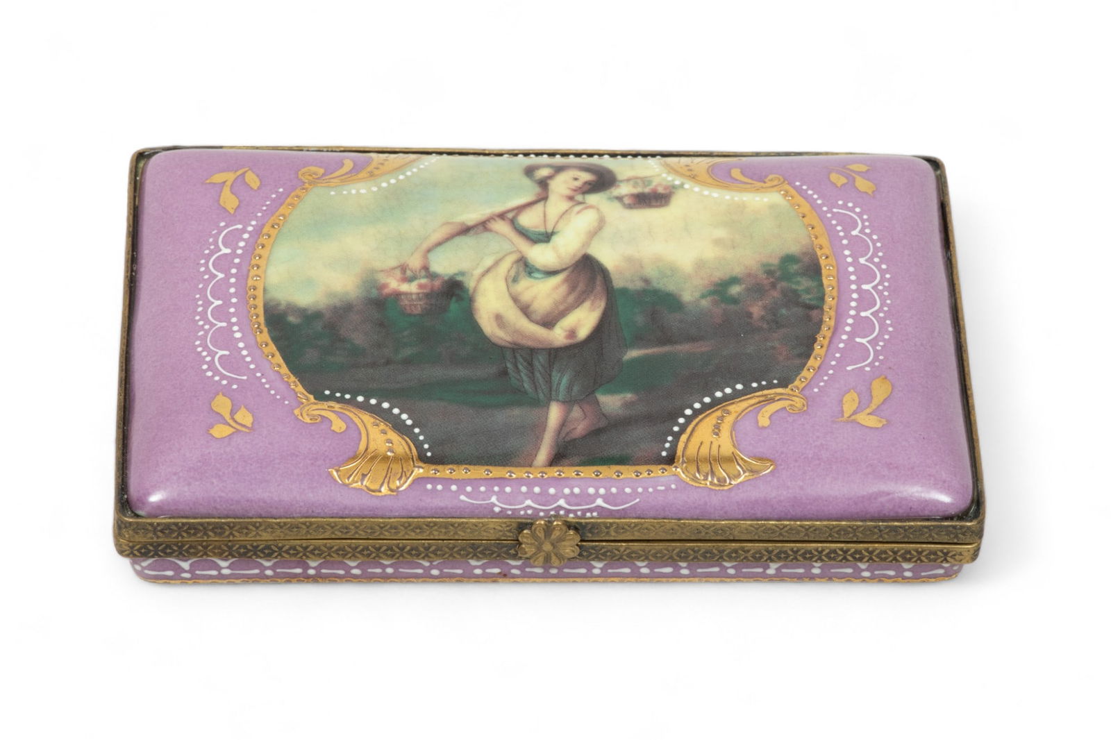 Limoges China Porcelain Hinged Box, Ca. 1950, W 4" L 5.5": Limoges China Porcelain Hinged Box, Ca. 1950, W 4" L 5.5" | with a lithographic transfer image of a woman carrying a flower basket. Bearing signature branding to the underside. Circa 1950. Provenance: