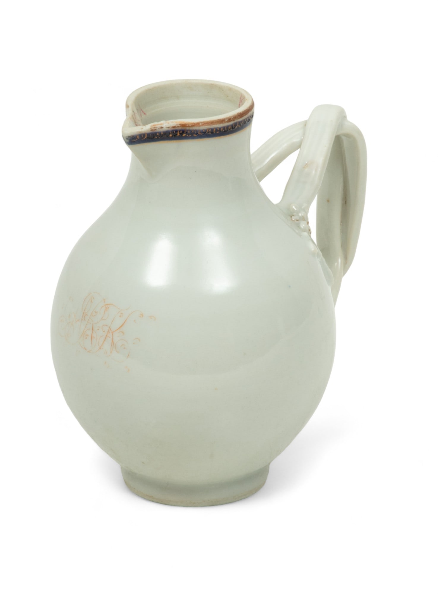 Chinese Export Porcelain Pitcher, Monogrammed 'ARK', Ca. 18th C., H 5" W 3" L 4.5" (1 of 9)