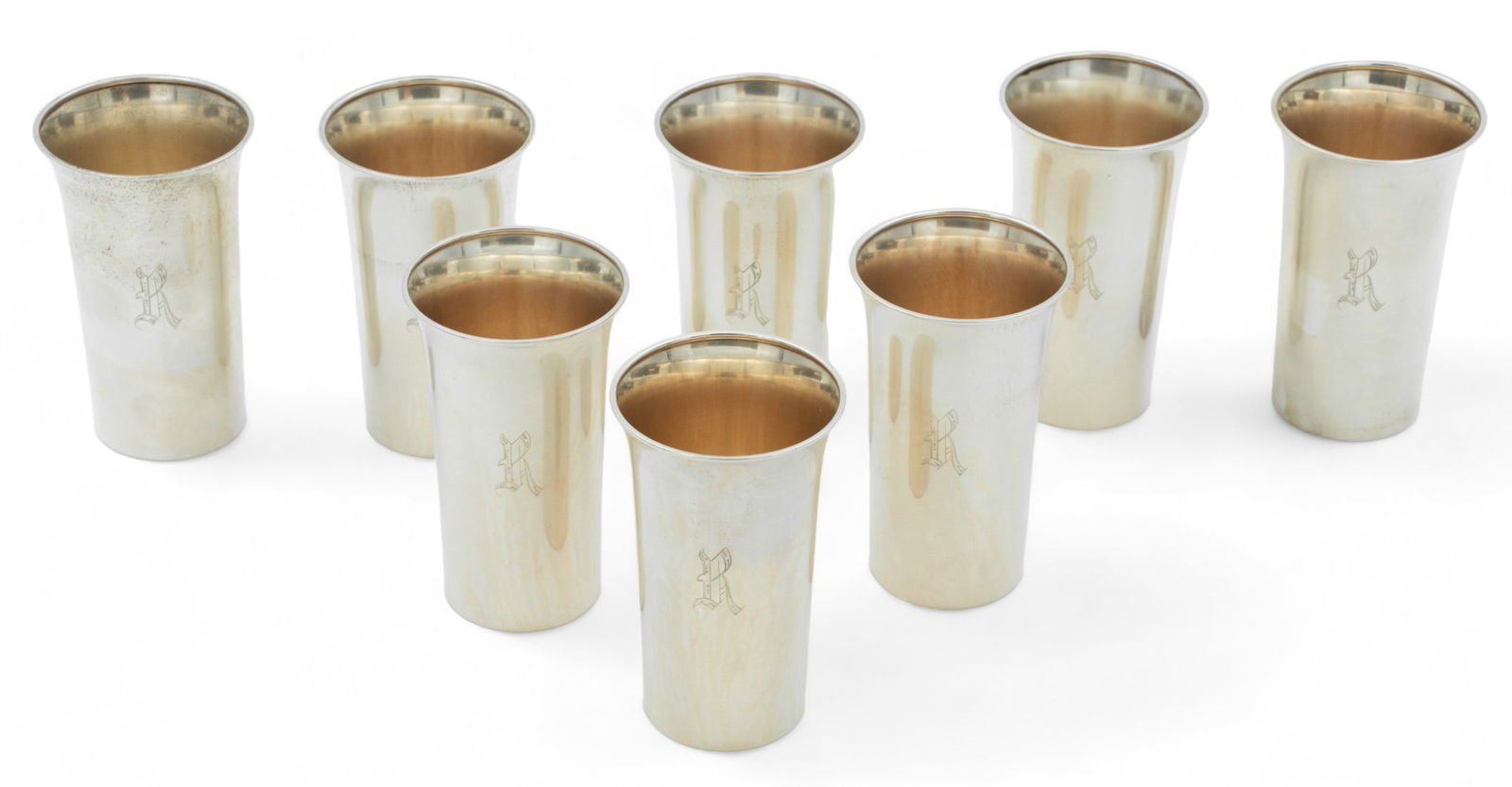 Fred Hirsch Company (American) Sterling Silver Tumblers, Ca. 1930, H 3.75" Dia. 2.25" 17t oz 8 pcs (1 of 3)