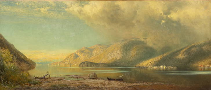 James Fairman (American, 1826-1904) Oil on Canvas, 1885, "View of the Upper Hudson River at Storm: James Fairman (American, 1826-1904) Oil on Canvas, 1885, "View of the Upper Hudson River at Storm King", H 31" W 72" | Signed and dated in the lower right. a view of the Hudson River at Storm King Mou