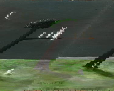Gertrude Abercrombie (American, 1909-1977) Oil on Masonite 1956, "The Truant", H 8" W 10"