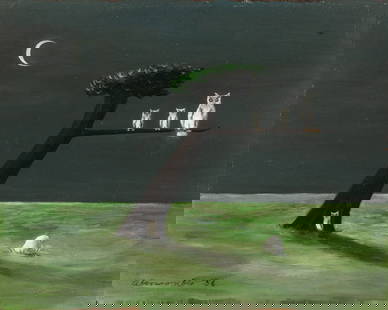 Gertrude Abercrombie (American, 1909-1977) Oil on Masonite 1956, "The Truant", H 8" W 10": Gertrude Abercrombie (American, 1909-1977) Oil on Masonite 1956, "The Truant", H 8" W 10" | Still life nocturne depicting three white owls on a branch and one at the base of a tree. Signed and dated