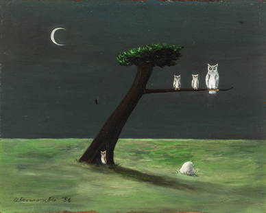 Gertrude Abercrombie (American, 1909-1977) Oil on Masonite 1956, "The Truant", H 8" W 10": Gertrude Abercrombie (American, 1909-1977) Oil on Masonite 1956, "The Truant", H 8" W 10" | Still life nocturne depicting three white owls on a branch and one at the base of a tree. Signed and dated