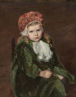 Lilla Cabot Perry (American, 1848-1933) Oil on Canvas "Portrait of a Girl in a Red Bonnet", H 27" W: Lilla Cabot Perry (American, 1848-1933) Oil on Canvas "Portrait of a Girl in a Red Bonnet", H 27" W 21" | Signed L.C. Perry in the upper left, however, the canvas has been restretched and most of the