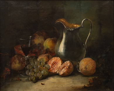 John F. Francis (American, 1808-1886) Oil on Canvas Ca. 1860-1880, "Still Life with Fruit, Silver: John F. Francis (American, 1808-1886) Oil on Canvas Ca. 1860-1880, "Still Life with Fruit, Silver Pitcher, And Wine", H 16" W 20" | Signed lower left. Fruits including peaches and clusters of red and