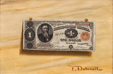 Victor Dubreuil (American, 1846-1946) Trompe L'œil Oil on Canvas "One Dollar", H 7.75" W 11.75": Victor Dubreuil (American, 1846-1946) Trompe L'œil Oil on Canvas "One Dollar", H 7.75" W 11.75" | Signed in the lower right. Trompe l'œil oil on canvas of a one dollar bill tacked down. Havi