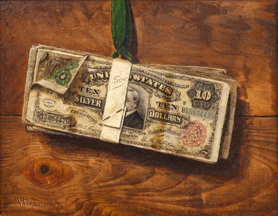 Victor Dubreuil (American, 1846-1946) Oil on Panel "Ten Dollar Silver Note", H 9" W 11": Victor Dubreuil (American, 1846-1946) Oil on Panel "Ten Dollar Silver Note", H 9" W 11" | Signed in the lower left. Trompe l'oeil painting of a ten dollar silver note hanging from a ribbon in front