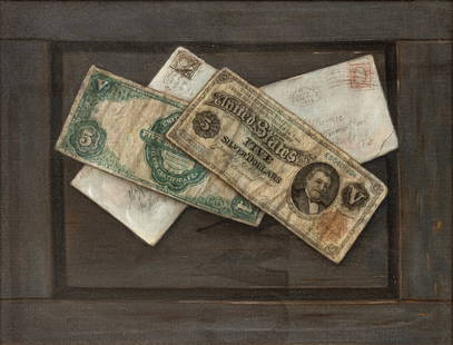 Charles Alfred Meurer (American, 1865-1955) Oil on Canvas, Ca. 1898, "A Pair of Fives", H 13" W 17": Charles Alfred Meurer (American, 1865-1955) Oil on Canvas, Ca. 1898, "A Pair of Fives", H 13" W 17" | Signed and dated on the right side envelope. Life like five dollar bills and envelopes in front