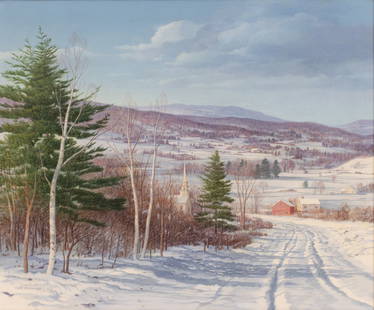 Carl Wuermer (American, 1900-1981) Oil on Canvas, "No. 484 Valley in Winter", H 20" W 24": Carl Wuermer (American, 1900-1981) Oil on Canvas, "No. 484 Valley in Winter", H 20" W 24" | Signed in the lower left. Upstate New York winter landscape with a snow covered road flanked with birch