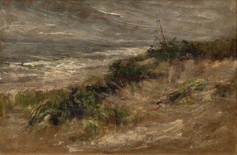 Frederic Stuart Church (American, 1842-1924) Oil on Artist Board, 1898, "Dunes", H 8" W 12": Frederic Stuart Church (American, 1842-1924) Oil on Artist Board, 1898, "Dunes", H 8" W 12" | Signed and dated in the lower right "FS Church 98". Depicting dunes on a stormy shoreline. in period