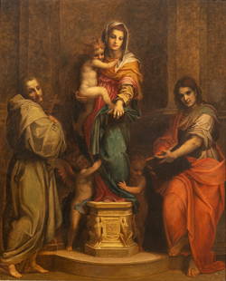 After Andrea Del Sarto (Italian, 1486-1530) Oil on Canvas Ca. C. 1910-1920, "Madonna Delle Arpie", H: After Andrea Del Sarto (Italian, 1486-1530) Oil on Canvas Ca. C. 1910-1920, "Madonna Delle Arpie", H 42" W 34" | After the 16th c. altarpiece currently in the Uffizi, Florence. Depicting the Virgin