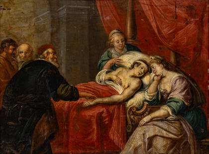 After Studio of Sir Peter Paul Rubens (Belgian, 1577-1640) Oil on Copper Panel 18th C., "Antiochus: After Studio of Sir Peter Paul Rubens (Belgian, 1577-1640) Oil on Copper Panel 18th C., "Antiochus And Stratonice", H 6.6" W 8.9" | Unsigned. a faithful 18th c. rendition of a work believed to have be