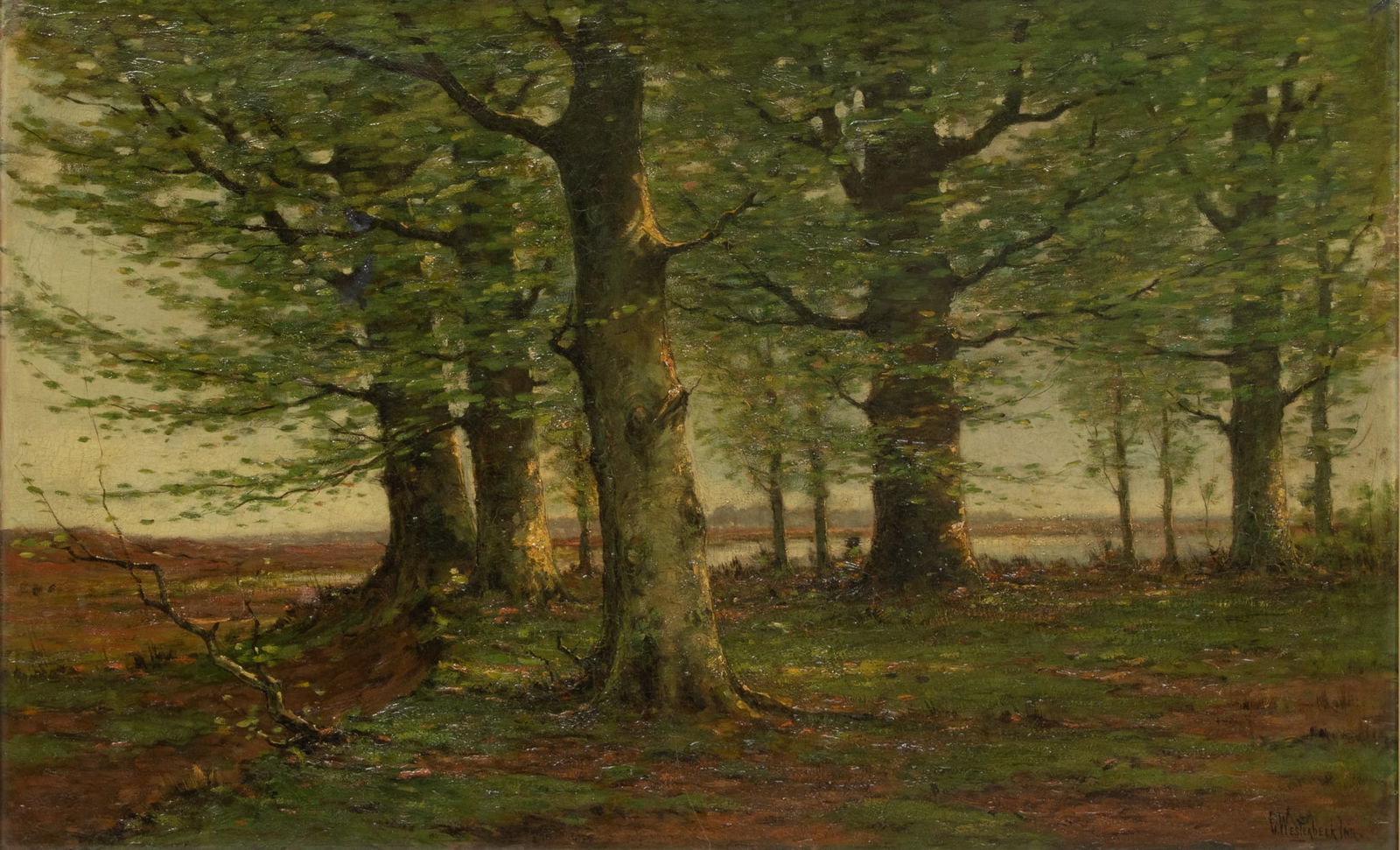 Cornelis Westerbeek Jr. (Dutch, 1844-1903) Oil on Canvas "Forest Landscape", H 20" W 32": Cornelis Westerbeek Jr. (Dutch, 1844-1903) Oil on Canvas "Forest Landscape", H 20" W 32" | Forest Landscape with river seen through the trees. Signed lower right. Elaborate floral and leaf frame, H. 3