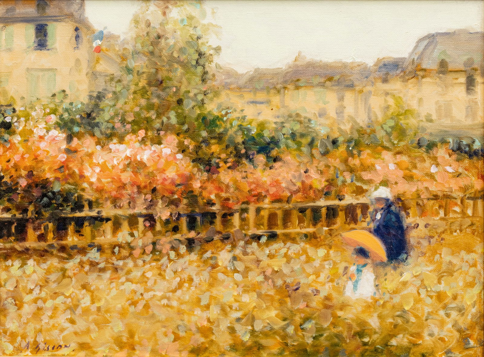 Andre Gisson (American, 1921-2003) Oil on Canvas "A Walk Along the Garden", H 9.25" W 12.25": Andre Gisson (American, 1921-2003) Oil on Canvas "A Walk Along the Garden", H 9.25" W 12.25" | Signed lower left. Frame Measurements H 16" W 18.75"