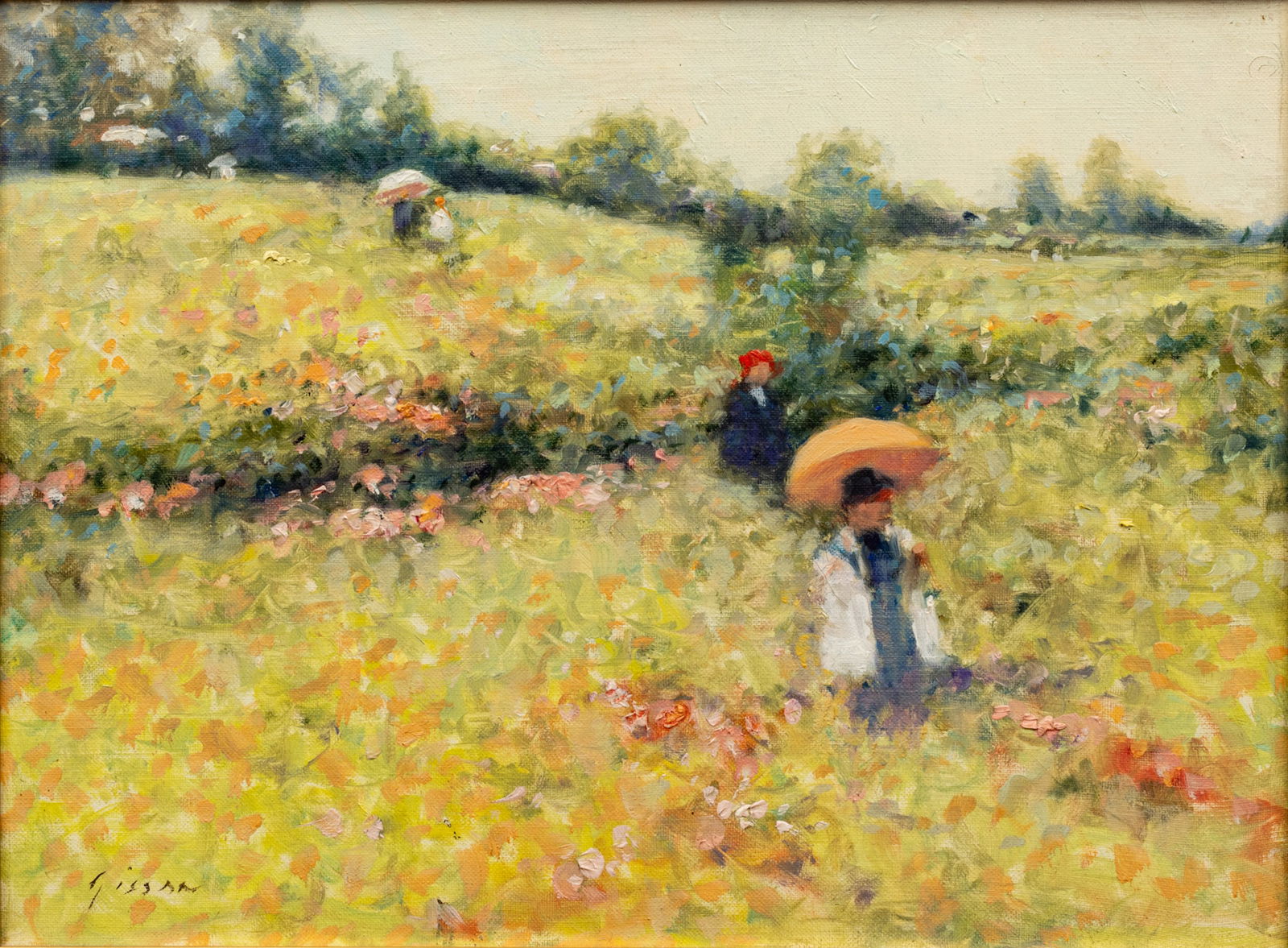 Andre Gisson (American, 1921-2003) Oil on Canvas "Summer Walk in the Garden", H 9.25" W 12.25": Andre Gisson (American, 1921-2003) Oil on Canvas "Summer Walk in the Garden", H 9.25" W 12.25" | Signed lower left. Frame Measurements H 16" W 18.75"