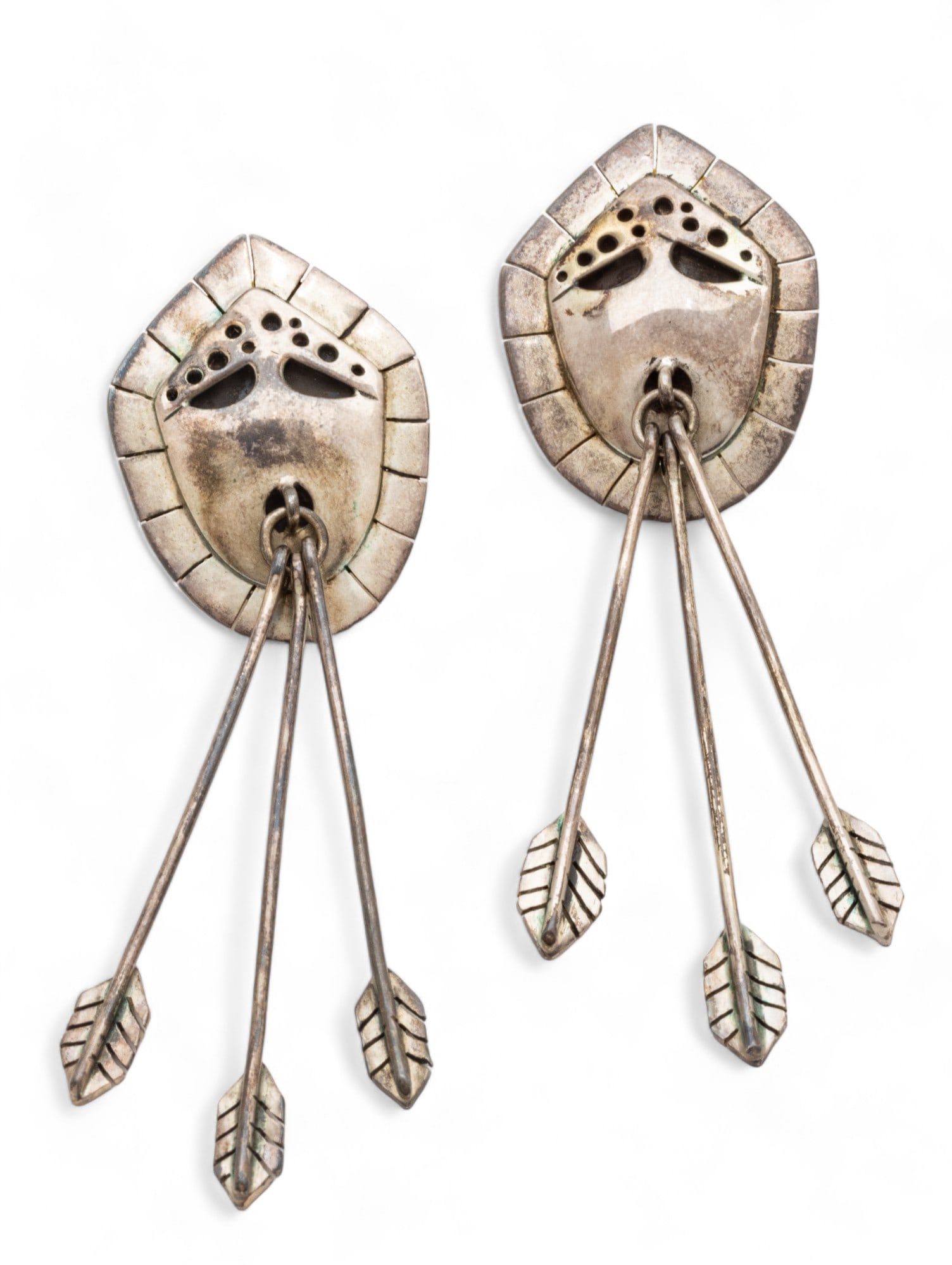 Denise Wallace (Native American, Sugpiaq, B. 1957) Sterling Silver Earrings, 1992, H 2.75" W 0.75": Denise Wallace (Native American, Sugpiaq, B. 1957) Sterling Silver Earrings, 1992, H 2.75" W 0.75" 0.4t oz | Each bearing silver hallmarks, date, and artist's signature to the backsides. Total weight: