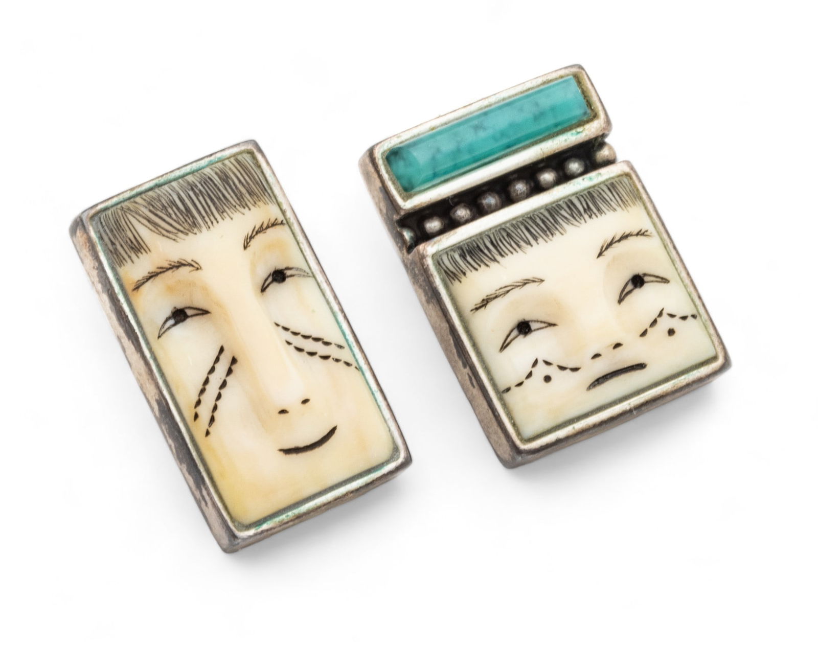 Denise Wallace (Native American, Sugpiaq, B. 1957) Fossil Ivory & Sterling Silver, Eskimo Earrings,: Denise Wallace (Native American, Sugpiaq, B. 1957) Fossil Ivory & Sterling Silver, Eskimo Earrings, Ca. 1990, H 1" W 0.5" 0.3t oz 1 Pair | Each bearing signature branding, date, and artist's signature