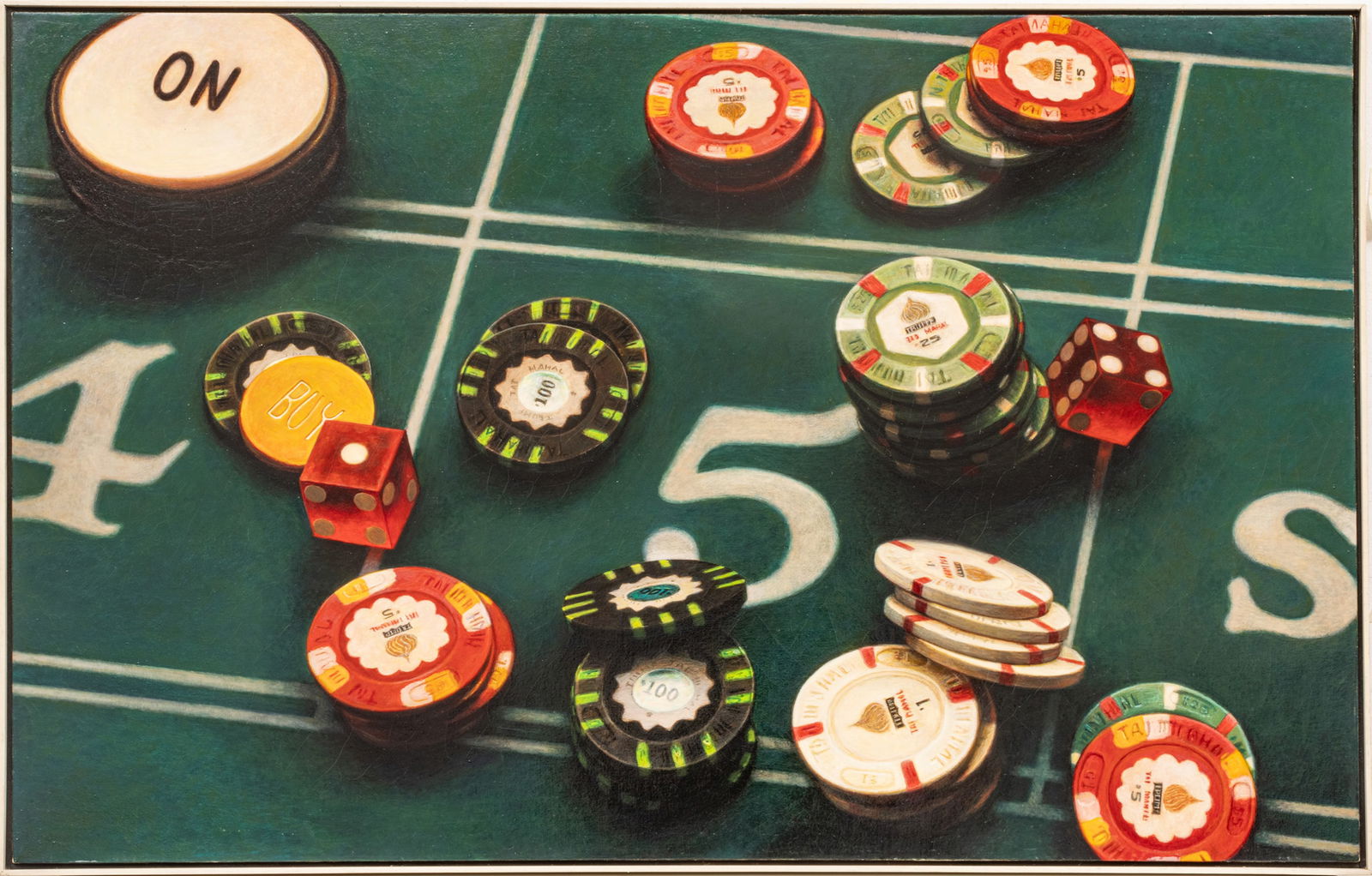 James Del Grosso (American, 1941-2013) Trompe L'œil Oil on Canvas, 1993, "Five, No Field,: James Del Grosso (American, 1941-2013) Trompe L'œil Oil on Canvas, 1993, "Five, No Field, Five", H 32" W 50" | Signed and dated on the verso. Highly realistic trompe l'œil oil painting of ch