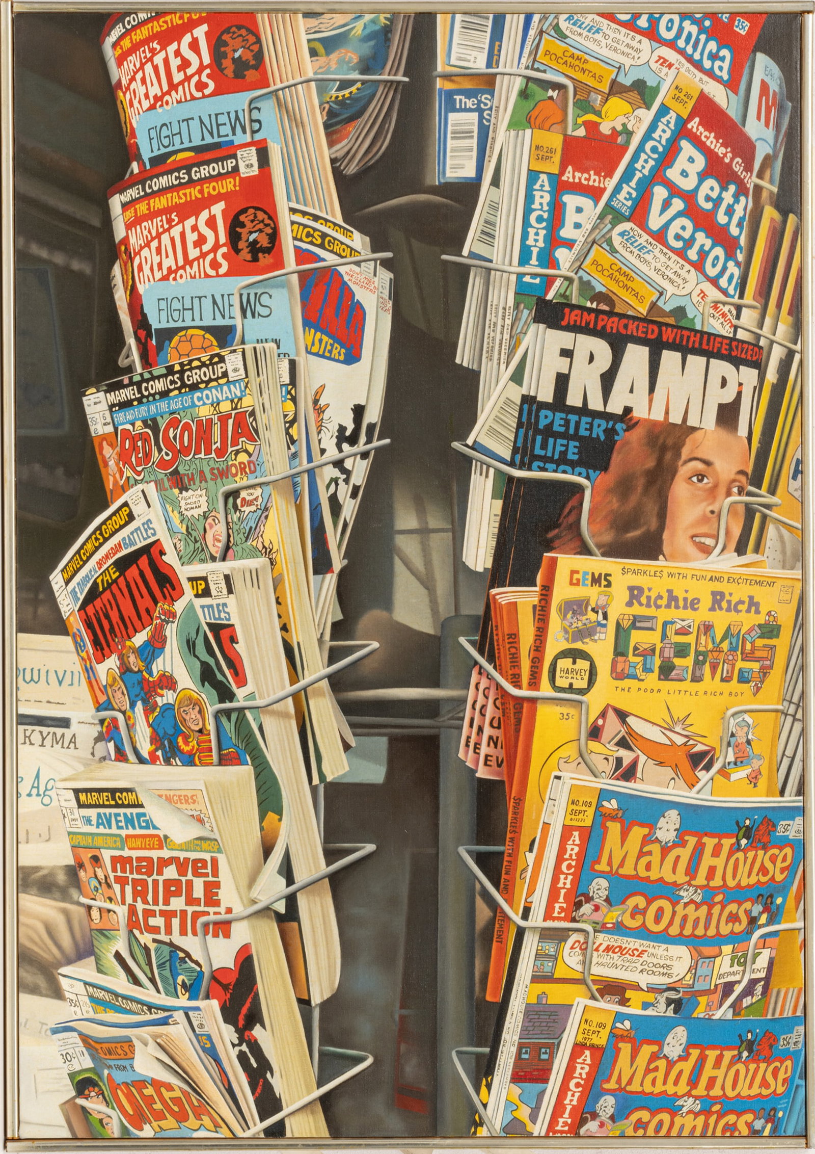 Linda Rosenzweig Prince (American, B. 1949) Oil on Canvas, 1972, "Comics", H 41" W 29": Linda Rosenzweig Prince (American, B. 1949) Oil on Canvas, 1972, "Comics", H 41" W 29" | Signed, dated and titled on the verso. Life like oil on canvas depicting a rack of various comic books. Having 