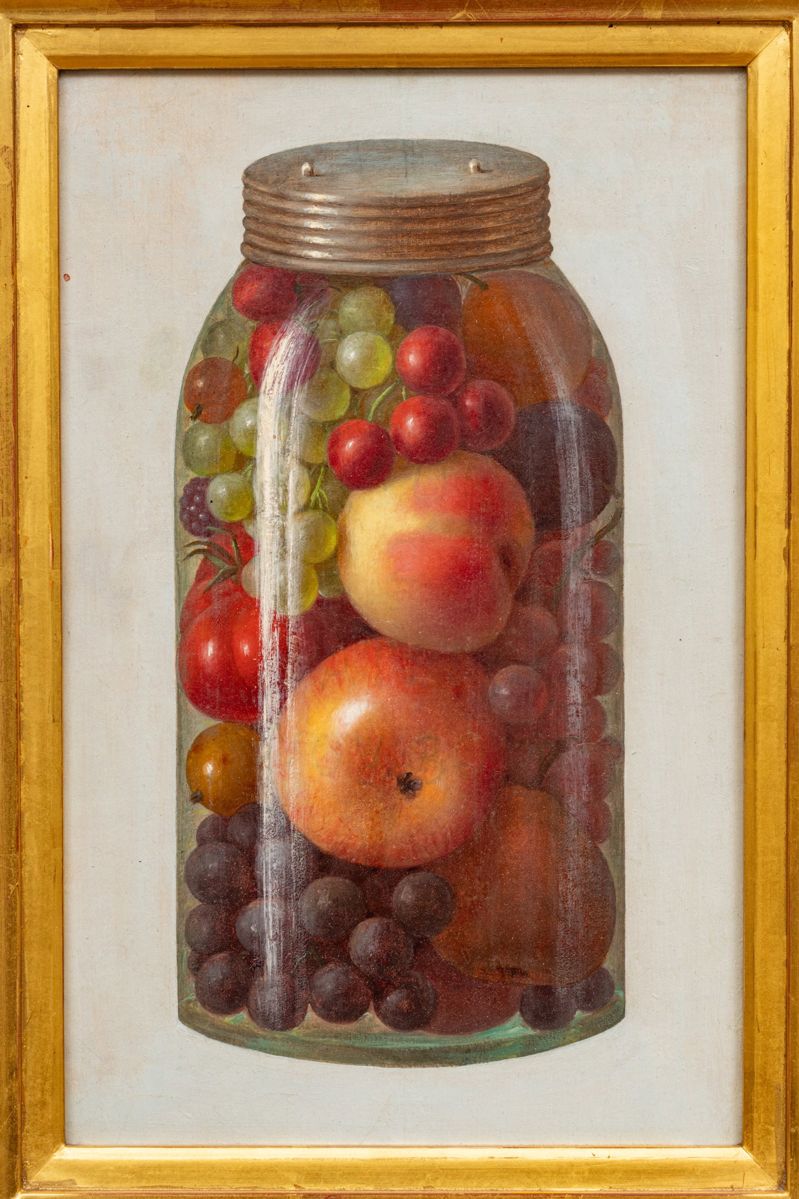 American School Oil on Paper Mounted to Board, "Still Life with Fruit in a Mason Jar", H 12.75" W: American School Oil on Paper Mounted to Board, "Still Life with Fruit in a Mason Jar", H 12.75" W 8.12" | Unsigned. Finely detailed still life of fruit in a mason jar. Feint lettering of the glass jar