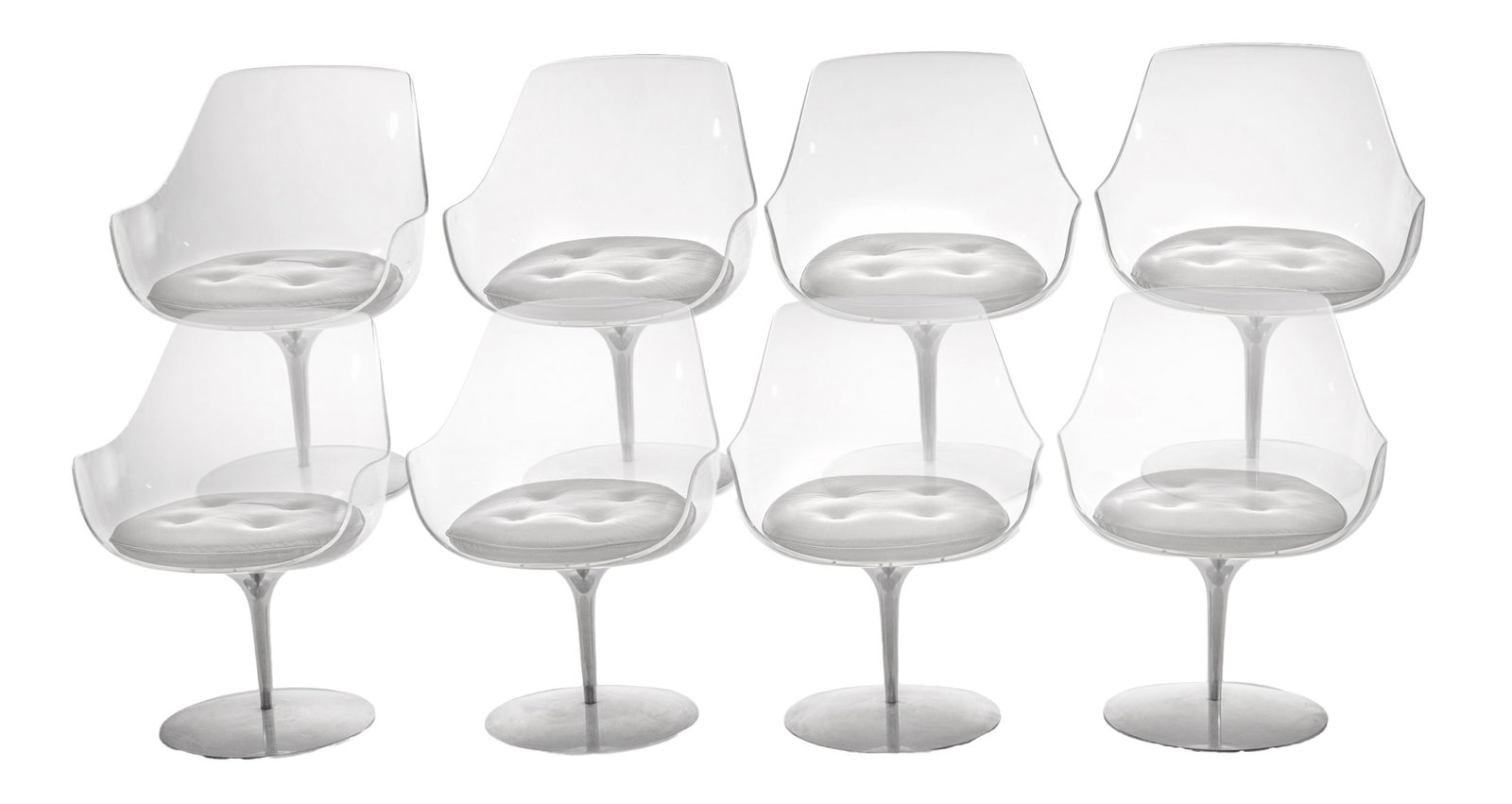 Erwim And Estelle Laverne (American, 1915-1997) for Formes Nouvelles Lucite And Polished Aluminum: Erwim And Estelle Laverne (American, 1915-1997) for Formes Nouvelles Lucite And Polished Aluminum Ca. 1960, "Champagne Chairs", Set of 8 | with makers mark to the underside. the Laverne tandem is form