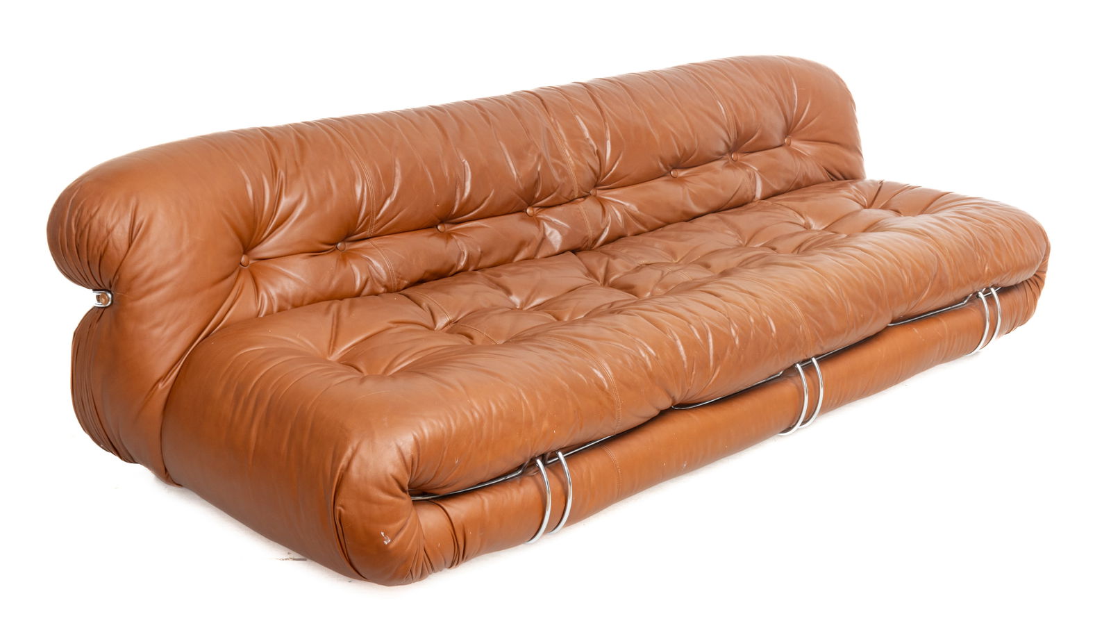 Afra And Tobia Scarpa (Italian) for Cassina Chromed Steel And Leather Upholstered Ca. 1970, "Soriana: Afra And Tobia Scarpa (Italian) for Cassina Chromed Steel And Leather Upholstered Ca. 1970, "Soriana Sofa", H 27" W 95" L 37" | Manufactured by Cassina for Atelier International, 1970's, upholstered l